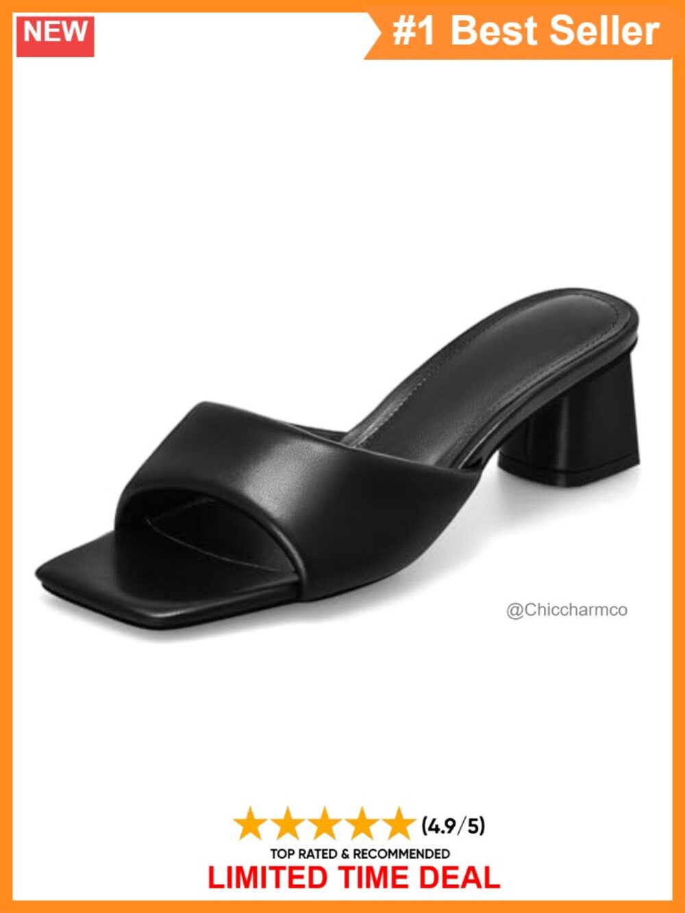 Faux Leather Square Open Toe Chunky Block Low Heel Slip On Mule Sandals